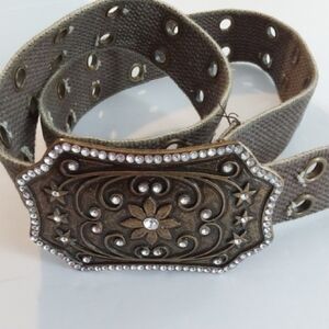 Vintage Dark Tan Double Grommet Belt with Ornate Rhinestone  Buckle Sz.S/ M